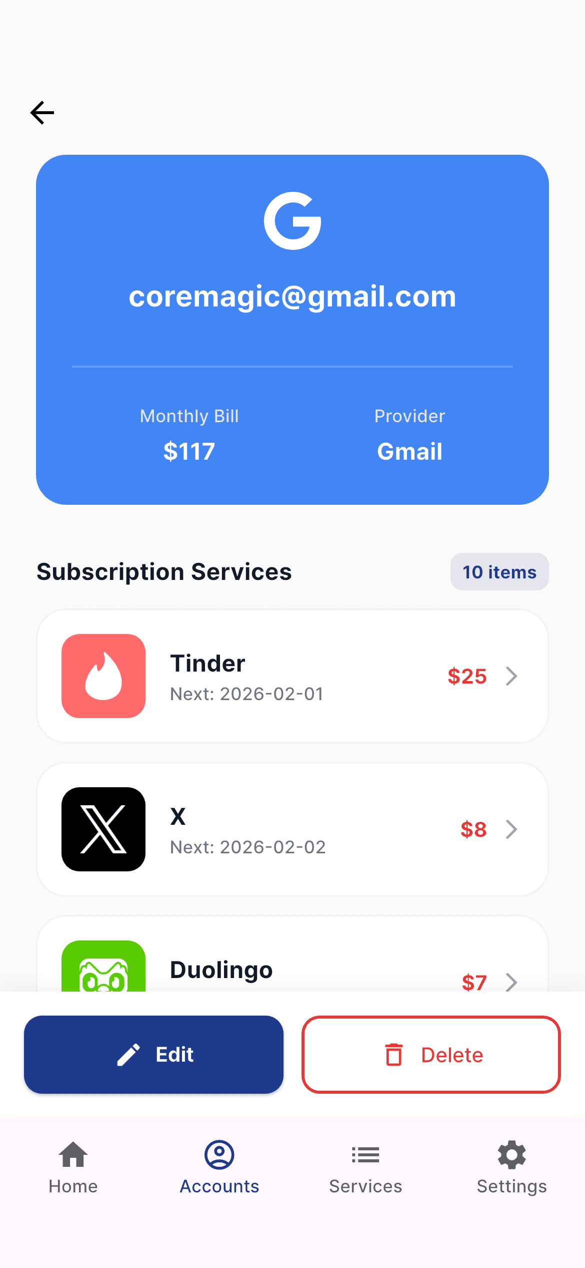 Account detail showing linked service include Subscription and Free, monthly costs