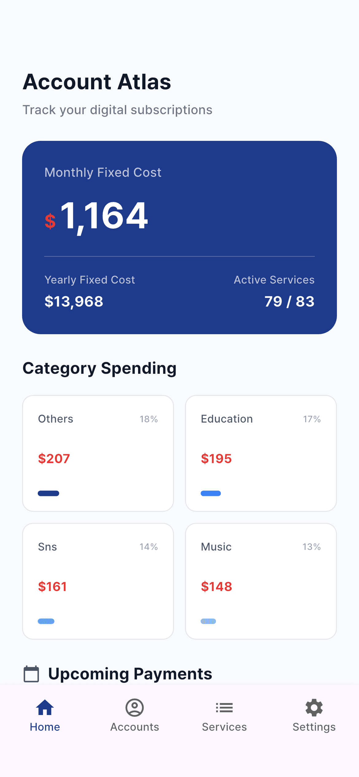 Home dashboard showing monthly and yearly spending totals, top expense categories, upcoming payments, and subscription count