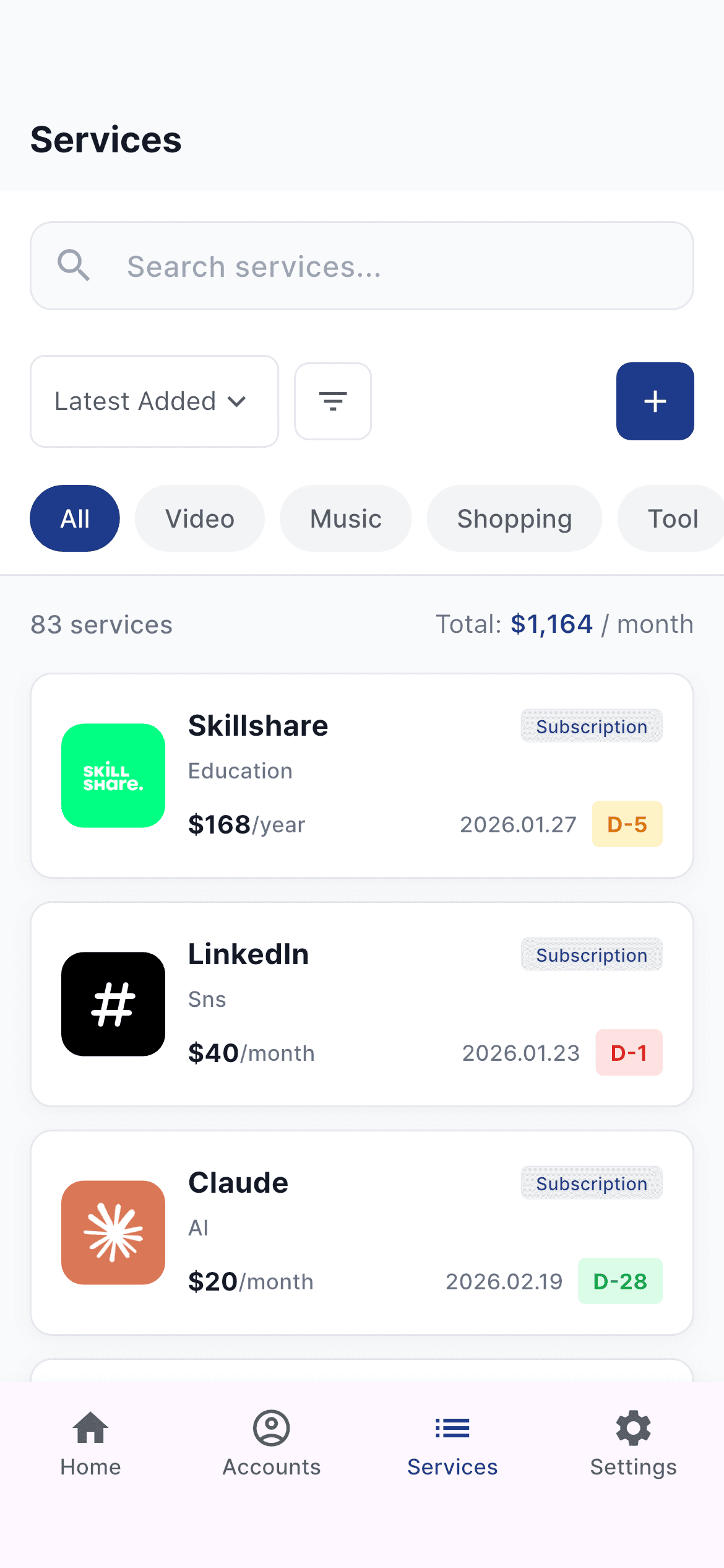 Services list with filters for category, sort order, and subscription status, plus spending totals